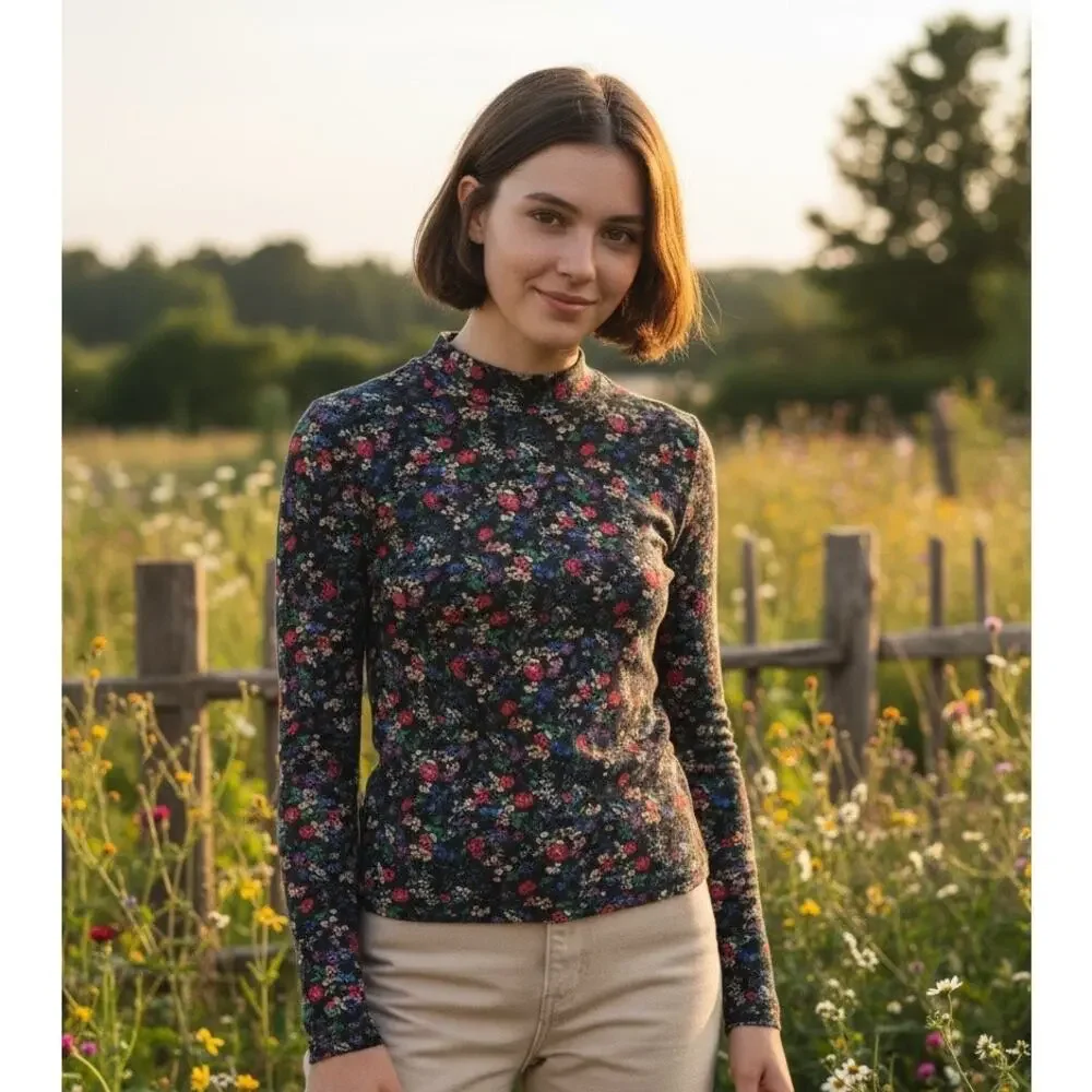 GAP Girls XL (10-12) Black Floral Turtleneck Ribbed Long Sleeve Top